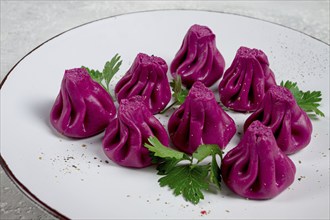 Beetroot khinkali, mini khinkali, purple, Georgian cuisine, no people