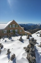 View from the alpine peak Säntis with hotel, Appenzell Alps, 2505m altitude, Schwägalp, Urnäsch,