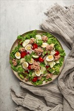 Tuna salad, vegetable salad with quail eggs, lettuce, red onion and cucumbers, on a light gray