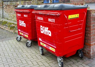 Red Biffa general waste collection bins, Stowmarket, Suffolk, England, UK