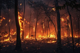 A forest wildfire is raging through a wooded area. Trees are on fire and flames are spreading