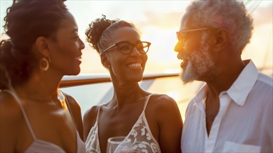 African american friends enjoying cocktails on the deck of a luxury cruise ship. generative AI, AI