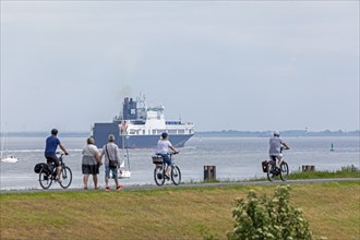 People, cyclist, ship, ferry, Elbe cycle path, Elbe, Cuxhaven, Lower Saxony, Germany, Europe