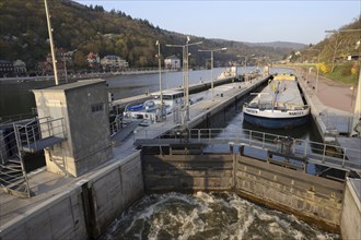 Cargo ships in the ship lock, Heidelberg, Baden-Württemberg, Germany, Europe