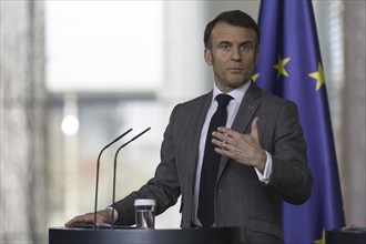 Emmanuel Macron, President of France, recorded during a press conference at the Federal Chancellery