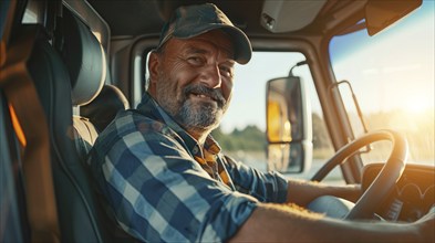 Smiling truck driver in a long distance haul cargo vehicle delivering goods across the country, AI