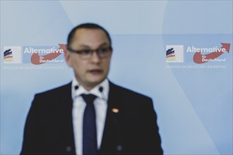 Tino Chrupalla, Federal Chairman of the AfD (Alternative for Germany), speaks to the media in front