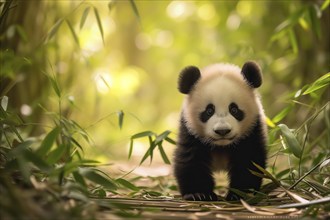 Cute panda cub in a lush bamboo grove, The image showcases the beauty and serenity of nature and