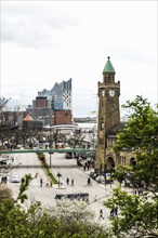 St. Pauli Landungsbrücken with the pier tower and the Elbe, Elbe Philharmonic Hall in the