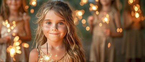 Cute children celebrating with fun sparklers. generative AI, AI generated