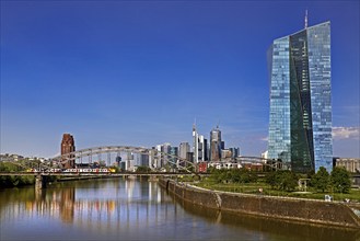 ECB European Central Bank with the river Main and the skyline of Frankfurt am Main, Hesse, Germany,