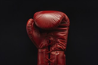 Bright red boxing glove on studio background. Generative AI, AI generated