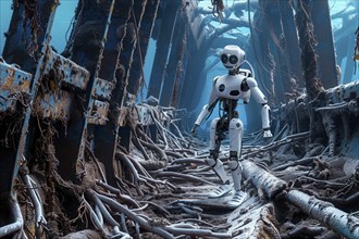 Futuristic humanoid robot inspecting a shipwreck underwater, AI generated