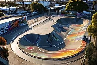 Aerial perspective top down of an empty skateboard park, AI generated