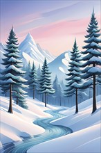 Abstract winter wonderland with minimalist stylized pine trees and snowdrifts using soft pastel