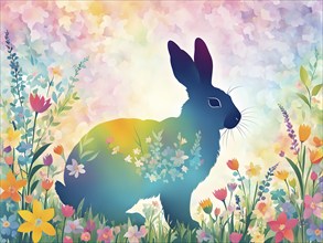 Abstract illustration of a bunny silhouette filled with a collage of spring flowers and vivid