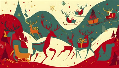 Whimsical abstract scene with stylized reindeer and sleighs to capture the magic of Christmas, AI