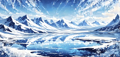 Abstract illustration of dreamy, icy landscape with swirling blues, whites, and silvers, evoking