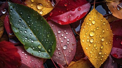 Water droplets on vibrant colored autumn leaves, AI generated