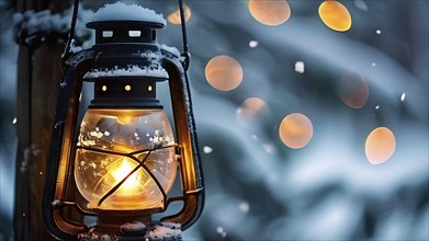 Vintage-style Christmas lantern hanging on a rustic post, covered in frost and surrounded by