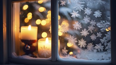 Snow-covered window with frost patterns, candlelight softly glowing through the glass, and warm,