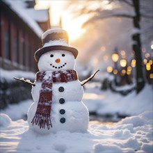 Snowman in an idylic winter urban scenery, snow-covered streets and buildings in background,