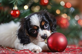 Tiny dog puppy playing with red Christmas tree bauble. Generative AI, AI generated