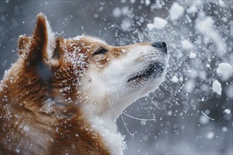 Shiba Inus dog's face in snow. Generative Ai, AI generated