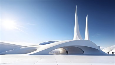 3d render of a futuristic white minimalist architecture with geometric shapes in surreal backdrop,