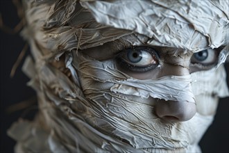 Woman with Halloween mummy makeup and costume bandages. generative ai, AI generated