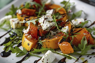 Close up of salad with baked pumpkin with rucola lettuce and feta cheese. Generative ai, AI