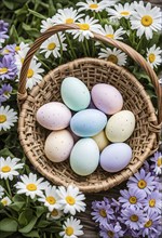 Pastel-colored Easter eggs in a wicker basket, surrounded by delicate spring flower, AI generated