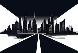 Modern city skyline using clean lines and geometric forms, with rectangular buildings and smooth,