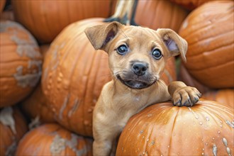 Close up of dog puppy between large orange pumpkins in pumpkin patch. Generative Ai, AI generated