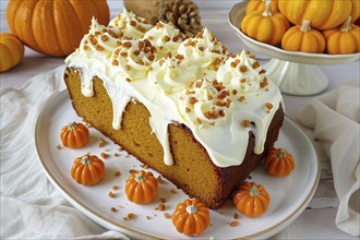 Pumpkin loaf cake with cream on plate. Generative Ai, AI generated