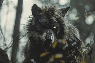 Scary werewolf creature in forest. Generative Ai, AI generated