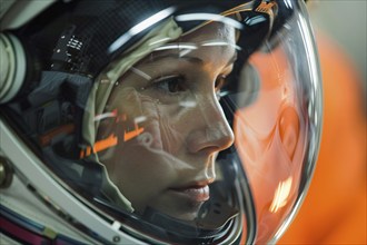 Close up of woman in astronaut suit with helmet. Generative Ai, AI generated