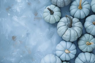 Pastel blue decorative pumpkins on side of blue background with copy sapce. Generative Ai, AI