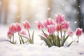 Pink tulip spring flowers in snow. KI generiert, generiert AI generated