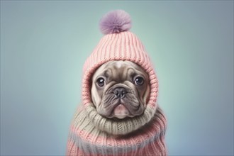 Young French Bulldog dog with cite pastel pink knitted sweater with hat in front of blue background