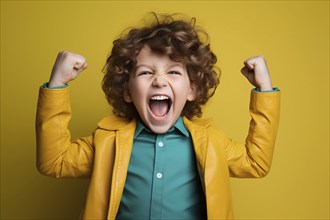 Young child in cheering pose in front of yellow studio background. KI generiert, generiert, AI