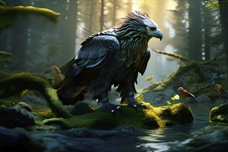 AI generated wildlife image of an eagle in a mystic forest enhanced with digital art