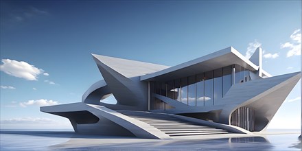 Minimalistic grey colored architecture in geometric adorned structures against a surreal backdrop,