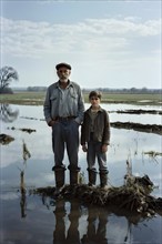 Distressed father and son farmers on their water flooded farmland, AI generated