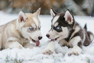 Two cute Alaskan Husky pups licking snow, AI generated