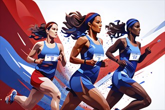 Male marathon 2024 olympic runners in abstract dynamic shapes in french tricolor blue red and