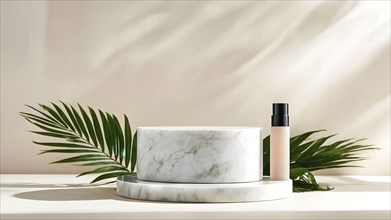 Marble stone podium stage with some green leaves for cosmetic beauty presentation, AI generated