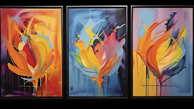 Trio of abstract hand painted oil paintings with vibrant color lines for wall decoration, AI