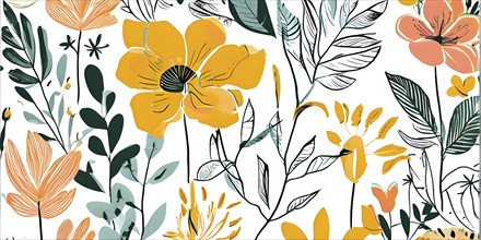 Botanical doodle background illustration with flower and leaves in abstract shapes, AI generated