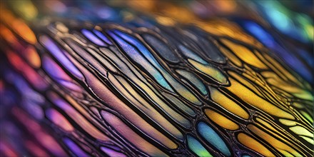 Vibrant butterfly wing with iridescent scales and network of veins, AI generated